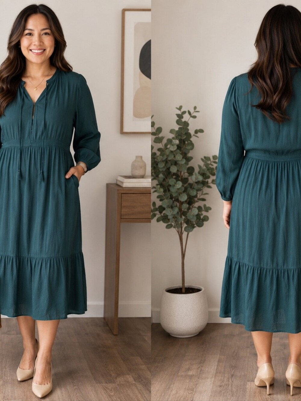 Old Navy Women’s XL Teal Tiered Midi Dress Boho Business Casual 3/4 SleeveFlow